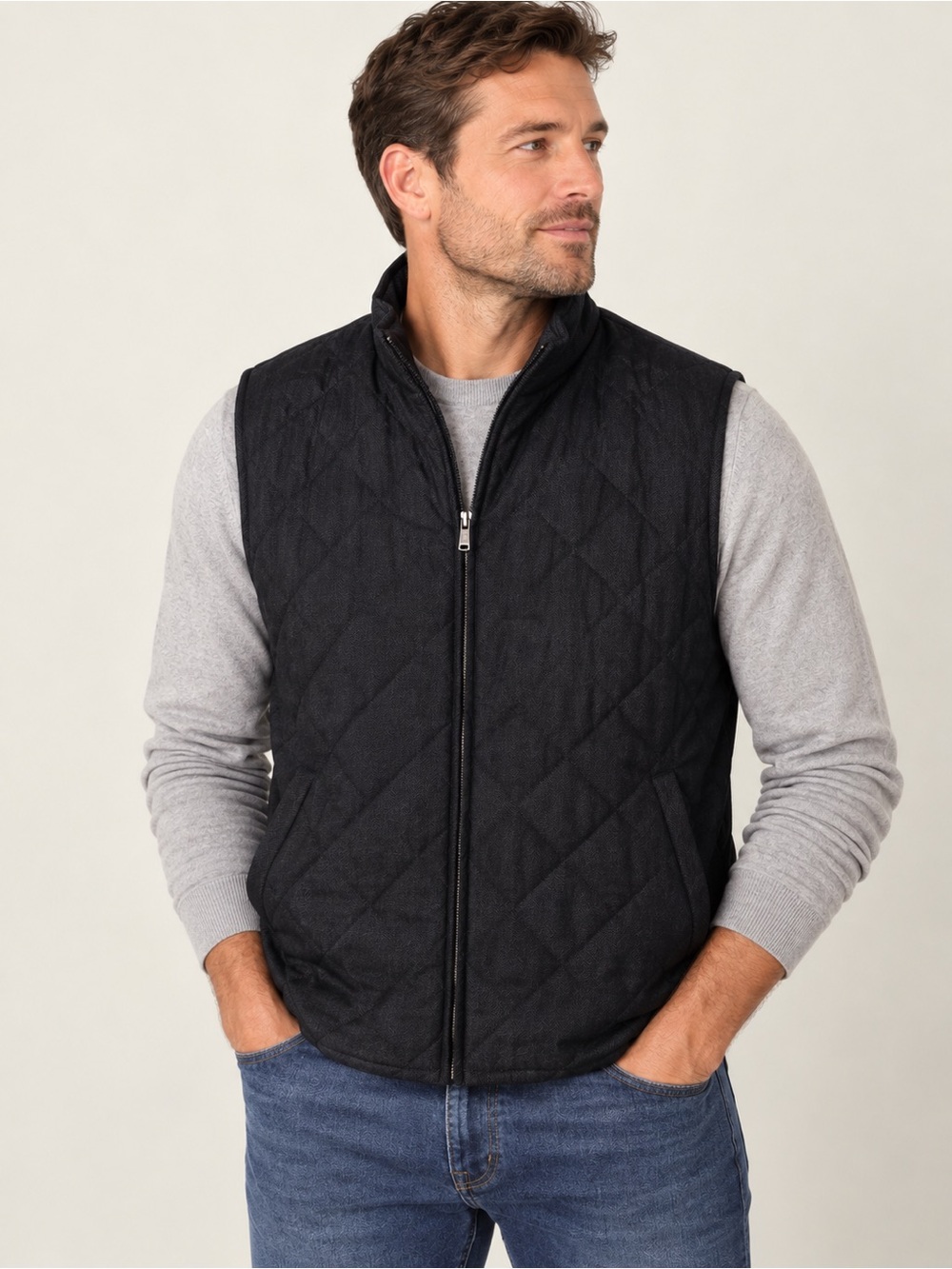 Banana Republic Men’s Quilted Charcoal Gray wool blend Herringbone Vest